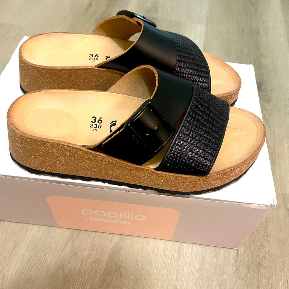 Papillio Black Sandals with Textured Straps and Cork Footbed